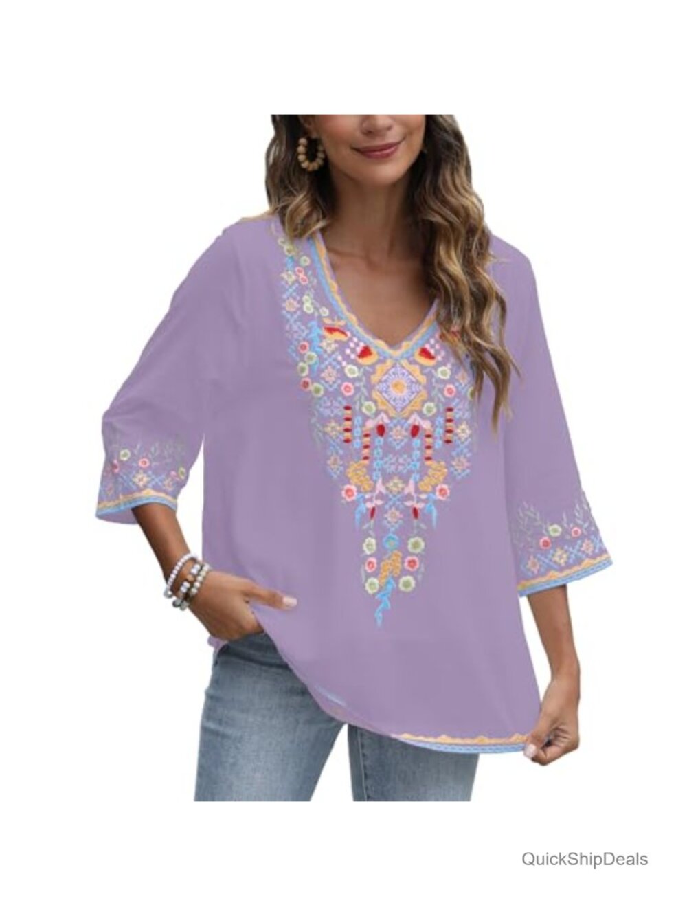 Peasant Tunic Top Embroidered Boho Blouse 3/4 Sleeve V Neck Cotton